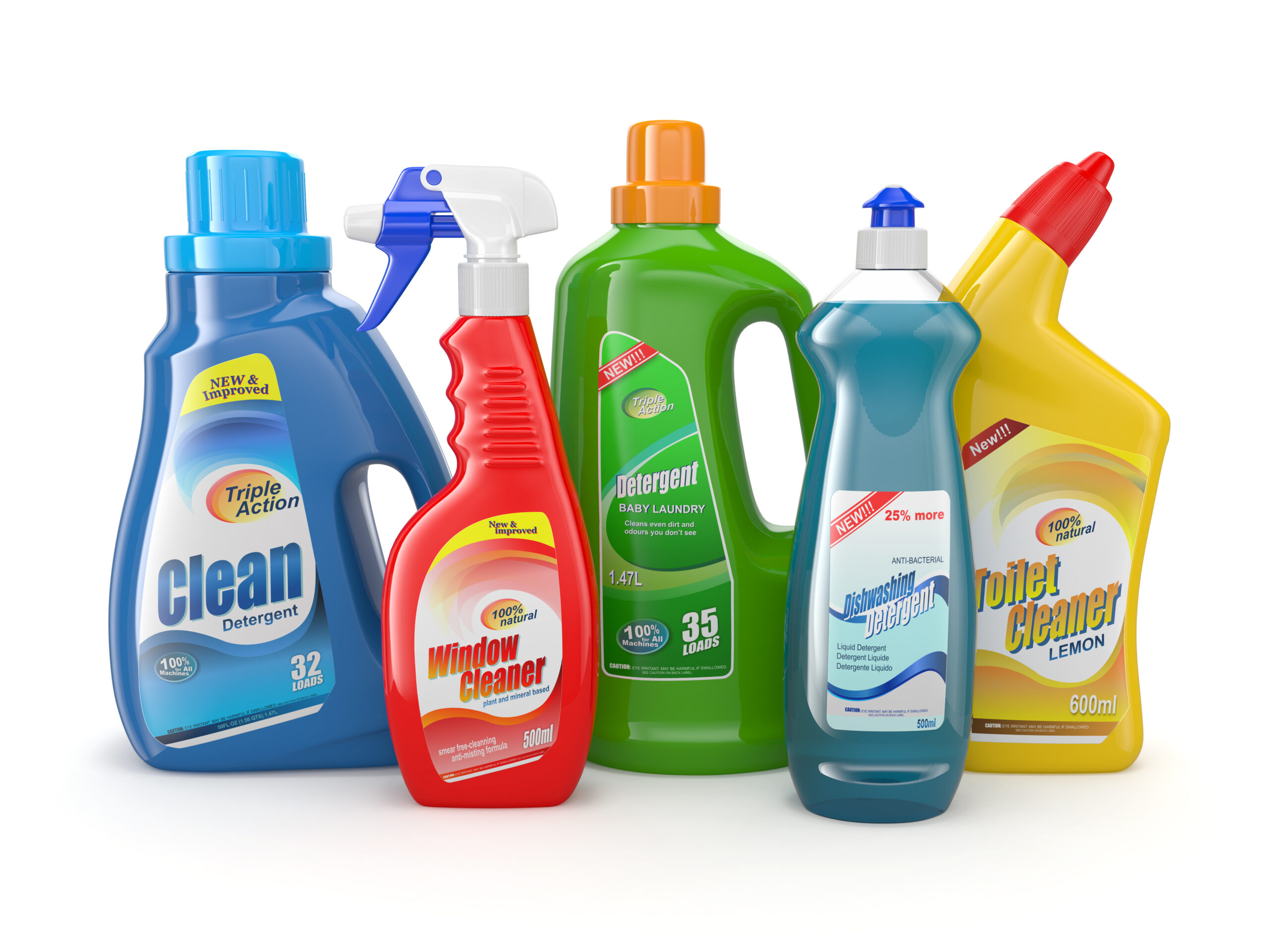 Plastic detergent bottles on white background. Cleaning products. 3d
